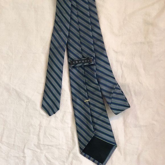 Theory Mens Slim Green and Blue Striped Rep Tie - Picture 3 of 5